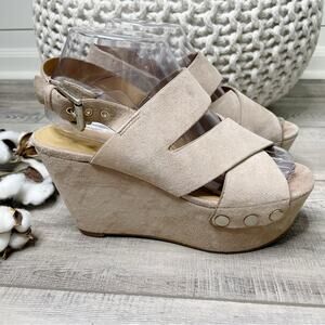 Marc Fisher Bianka Suede Strappy Chunky Platform Wedge Sandals Taupe Size 6.5M